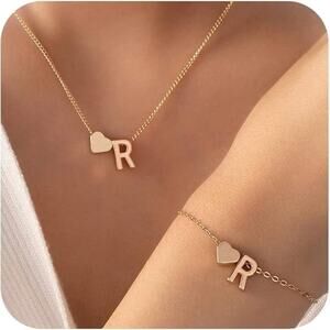 NWT personalized letter initial gold necklace and bracelet set LETTER R
